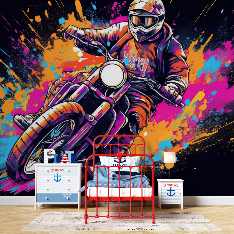 Graffiti motorcycle mural bringing energy to gaming room setup