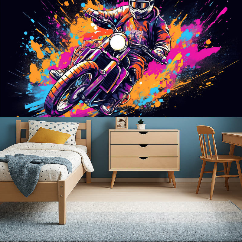 Motorcycle graffiti design adding character to modern living room