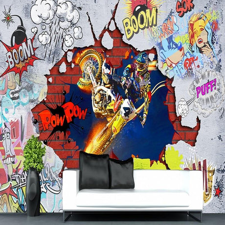 Street art motorcycle wallpaper creating bold impact in modern teen bedroom, showing urban graffiti design with comic elements