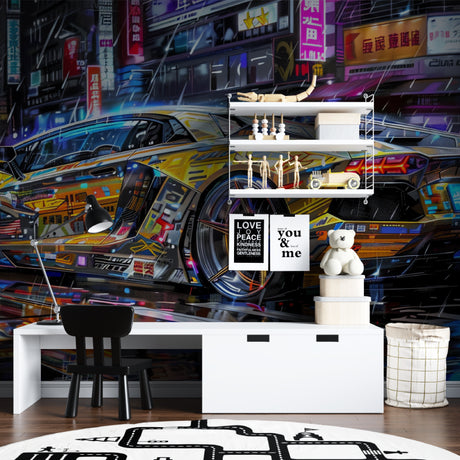 Street art sports car wallpaper in modern teen bedroom, neon lighting creates cool gaming atmosphere