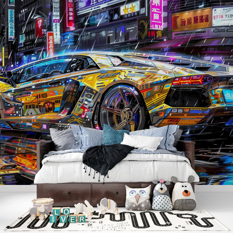 Urban art car mural in contemporary living room, adding bold street style to modern home decor