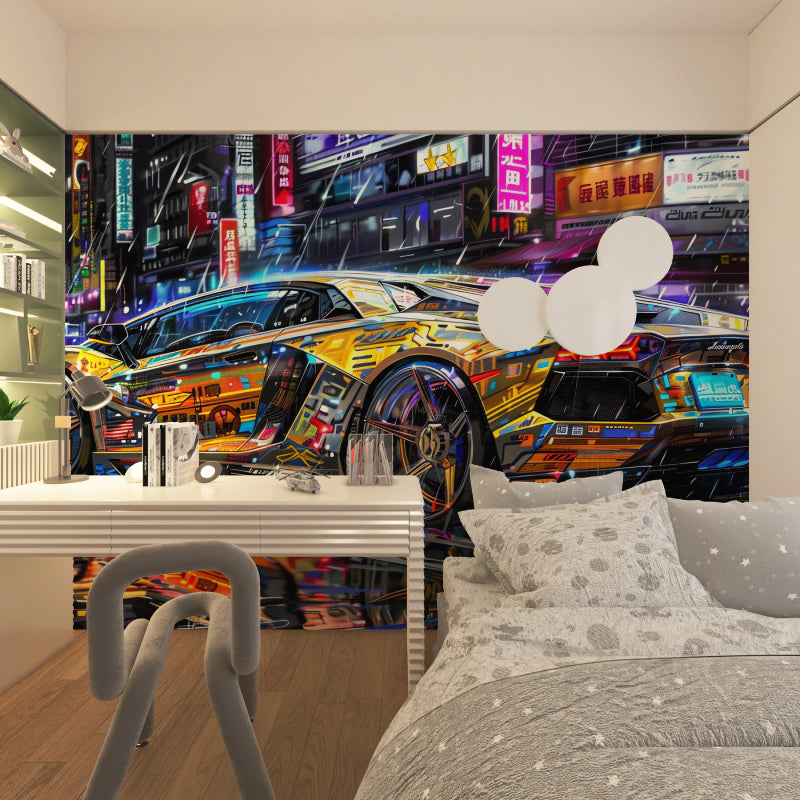 Neon sports car street art mural in urban style office space, creating dynamic workspace vibe
