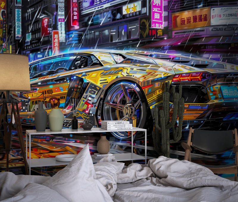 Street art car wallpaper in man cave, perfect blend of automotive and urban art elements