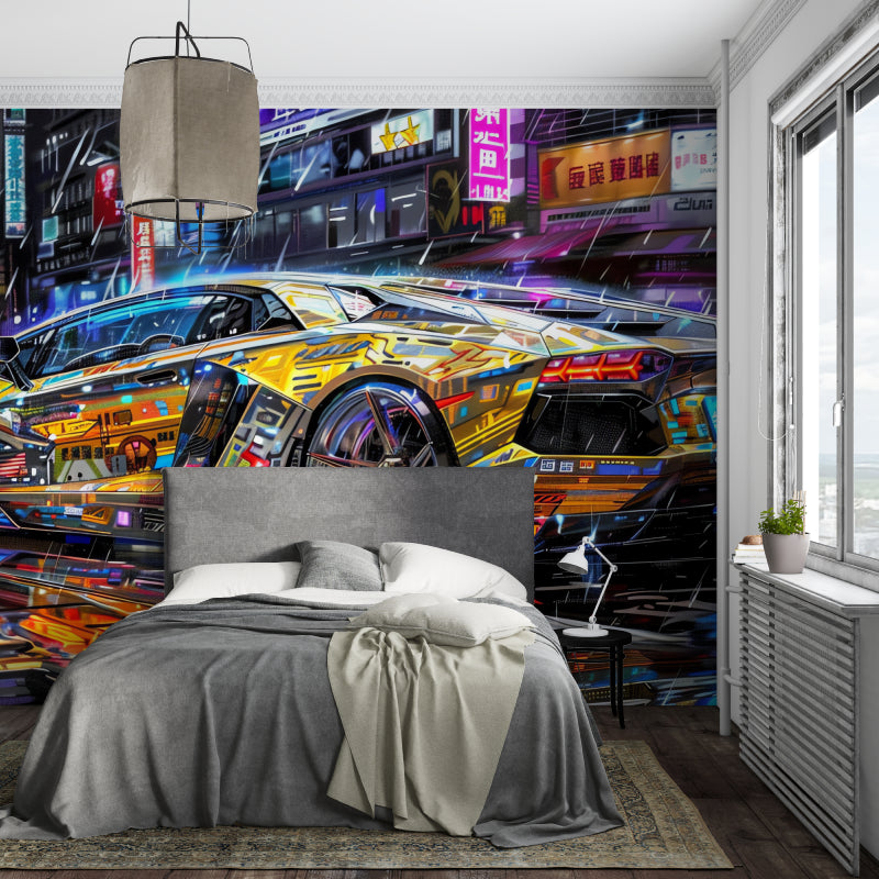 Urban graffiti car mural in game room, bringing street art energy to entertainment space