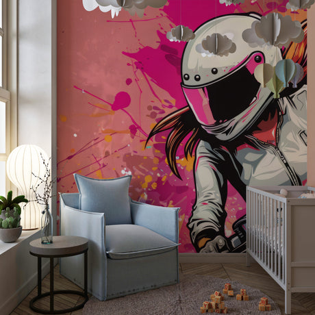 Street art motorcycle wallpaper in modern teen bedroom showing pink splash design
