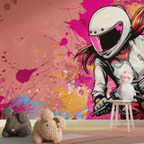 Pink motorcycle wall mural creating urban vibe in gaming room