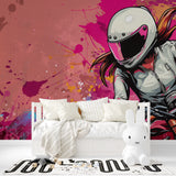 Street art wallpaper with pink motorbike design in home office space