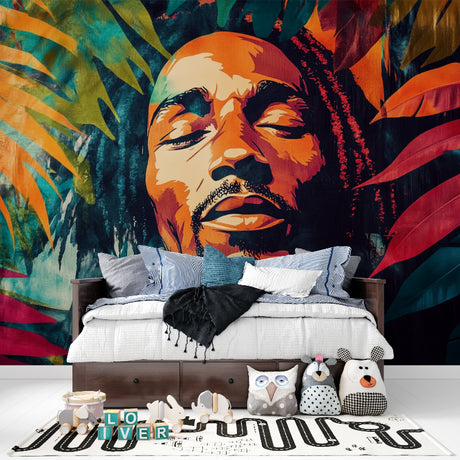 Street art portrait mural wallpaper styled in modern living room with minimalist furniture
