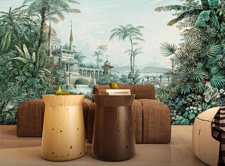 Street art mural wallpaper showcased in a modern living room, highlighting vibrant tropical colors and urban portrait design