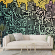Street art mural wallpaper creating a bold statement in a modern minimalist living room with clean furniture lines