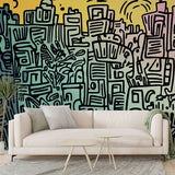 Street art mural wallpaper creating a bold statement in a modern minimalist living room with clean furniture lines