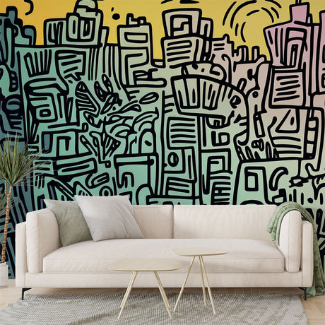 Street art mural wallpaper creating a bold statement in a modern minimalist living room with clean furniture lines