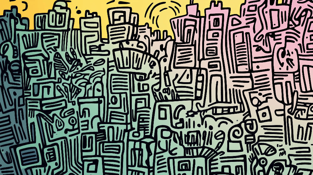 Urban abstract pattern design file showing detailed geometric shapes and mint-to-pink color gradient
