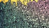 Urban abstract pattern design file showing detailed geometric shapes and mint-to-pink color gradient