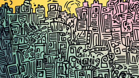Urban abstract pattern design file showing detailed geometric shapes and mint-to-pink color gradient