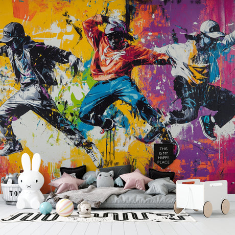 Street art graffiti wallpaper bringing vibrant energy to a modern living room with high ceilings
