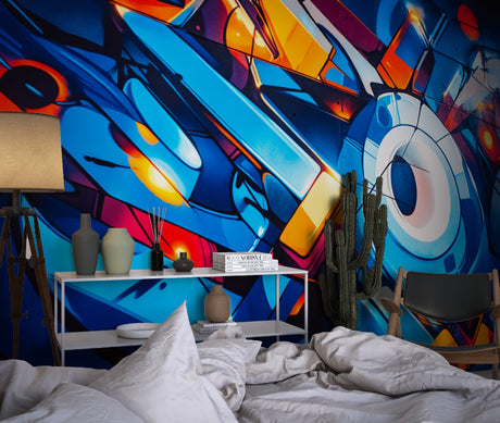 Street art wallpaper creating urban atmosphere in modern living room with blue and purple graffiti design