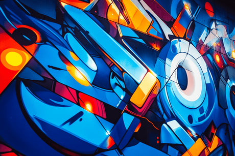 Design file showing detailed blue and purple graffiti pattern with geometric shapes