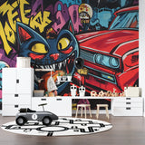 Street art wallpaper creating urban atmosphere in modern living room with red sofa