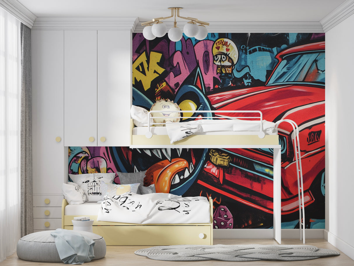 Graffiti cat mural wallpaper in teen bedroom with gaming setup