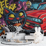 Urban wall mural in creative office space with contemporary furniture