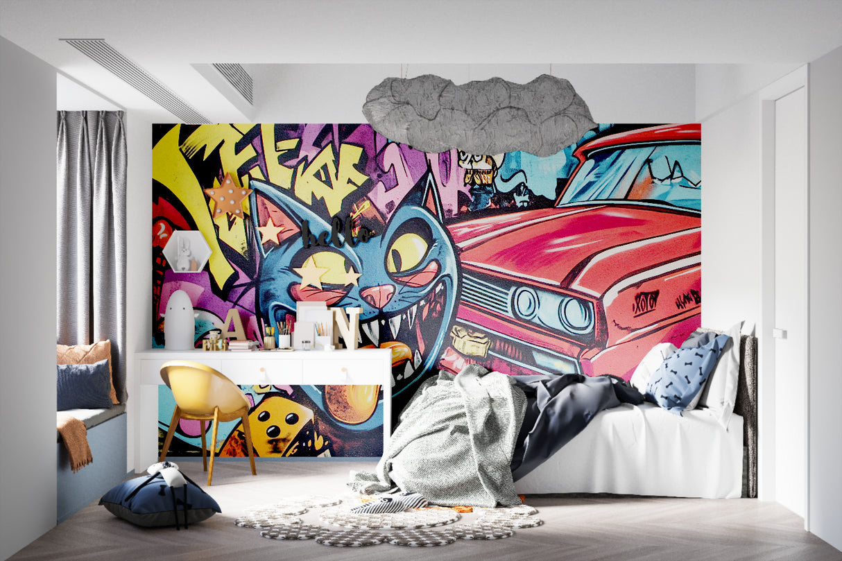 Street art wallpaper featuring cat and car in modern dining room