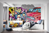 Street art wallpaper featuring cat and car in modern dining room