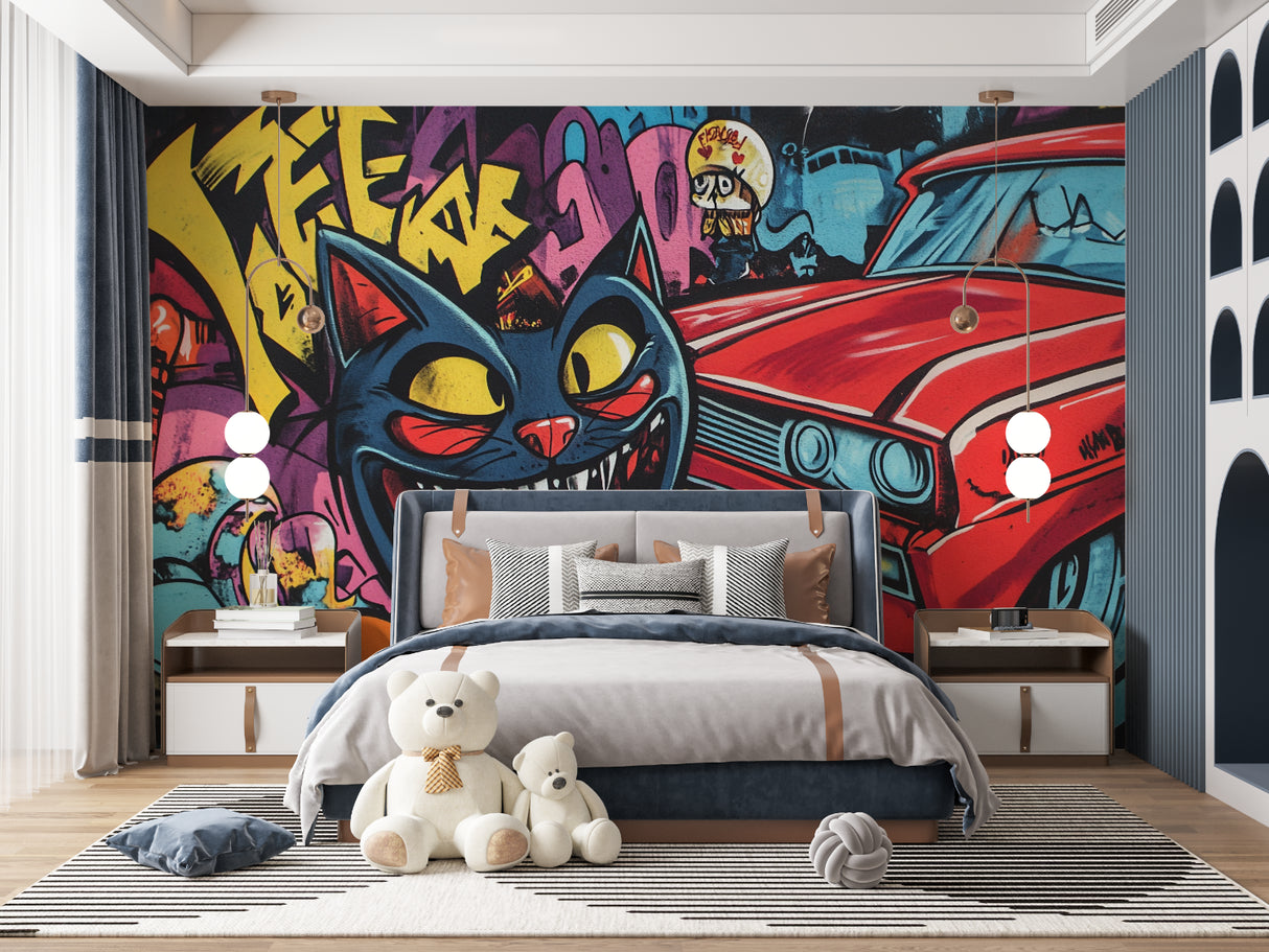 Graffiti wall mural bringing urban style to minimalist bedroom