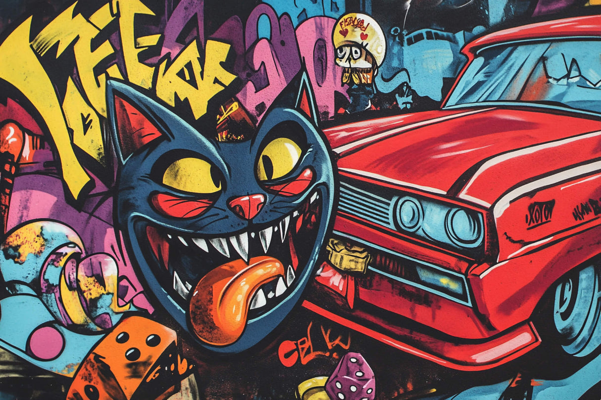 Design file showing detailed urban graffiti pattern with black cat and classic car