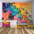 Street art graffiti wallpaper styled in modern teen bedroom with neon accents