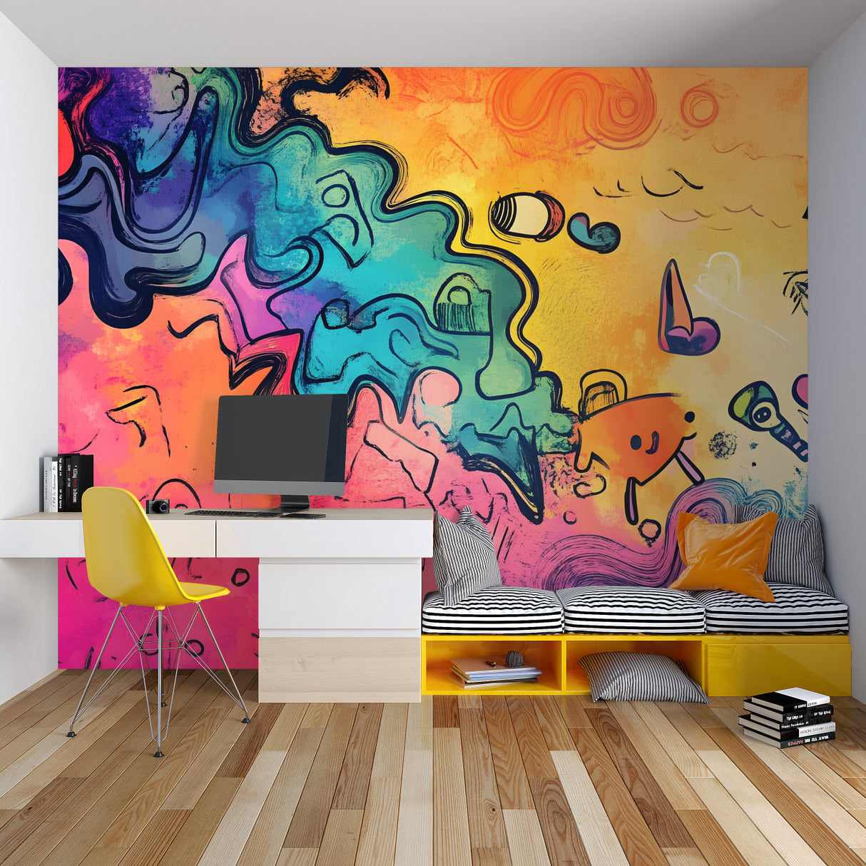 Street art graffiti wallpaper styled in modern teen bedroom with neon accents
