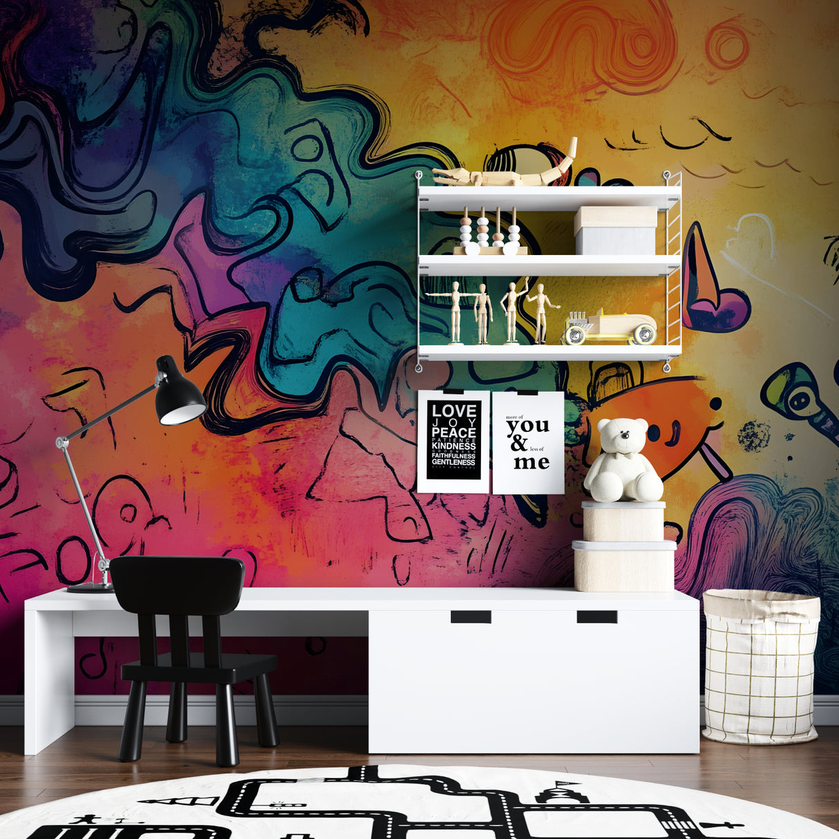 Urban graffiti wall mural in contemporary gaming room setup