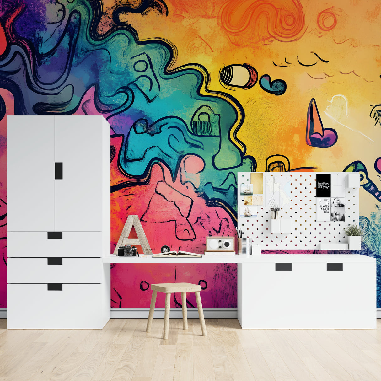Street art wallpaper creating bold statement in modern office space