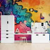 Street art wallpaper creating bold statement in modern office space