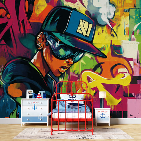 Street art wallpaper bringing urban style to a modern living room with colorful graffiti elements