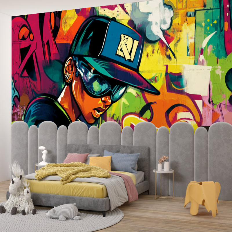 Hip hop inspired wall mural creating a bold statement in a teen bedroom setting