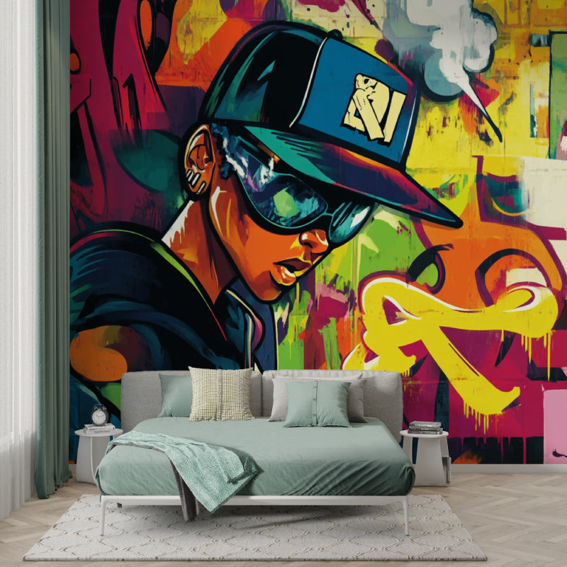 Urban graffiti wallpaper transforming a creative studio space with vibrant street art