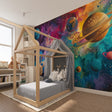 Street art wallpaper bringing urban flair to a modern living room with red and purple graffiti design