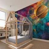 Street art wallpaper bringing urban flair to a modern living room with red and purple graffiti design