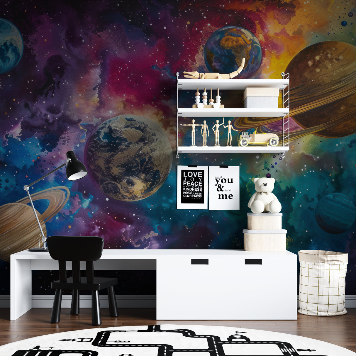 Teen bedroom transformed with vibrant street art mural wallpaper featuring dynamic shapes