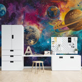 Creative office space decorated with urban graffiti wallpaper in red and purple tones