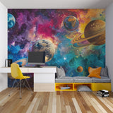 Modern restaurant wall showcasing urban graffiti mural in striking red and purple
