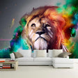 Street art portrait wallpaper making a bold statement in modern living room with grey sofa and pendant lights