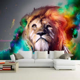 Street art portrait wallpaper making a bold statement in modern living room with grey sofa and pendant lights