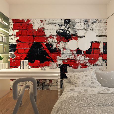 Street art graffiti wallpaper making bold statement in modern living room with red and black urban design
