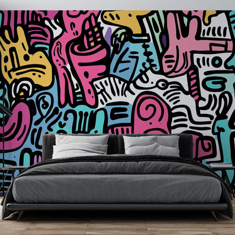 Street art mural wallpaper showcased in a modern living room, bringing urban flair to contemporary interiors