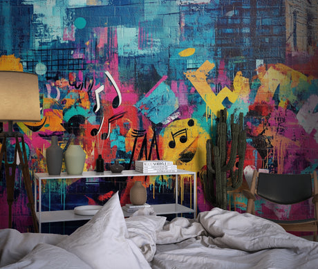 Street art mural wallpaper bringing urban flair to a modern living room with turquoise and pink graffiti design
