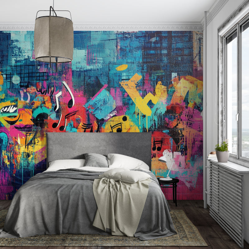 Music-themed graffiti wallpaper making a bold statement in a teen bedroom with vibrant colors