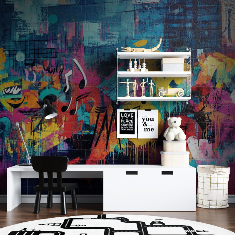 Urban graffiti wall mural bringing street art style to a recording studio space