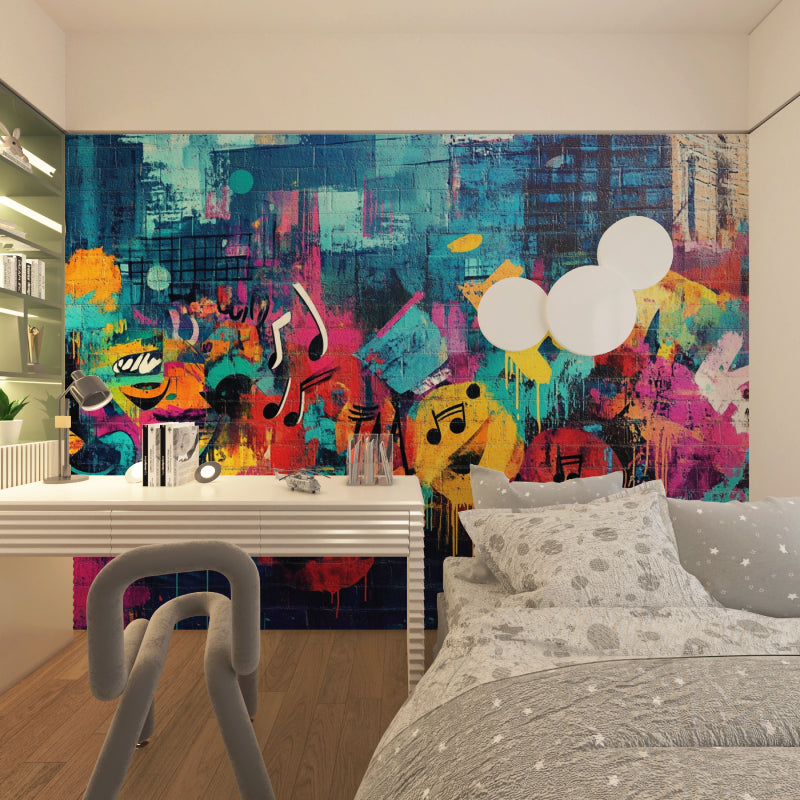 Street art wallpaper with musical notes creating energy in a gaming room setting